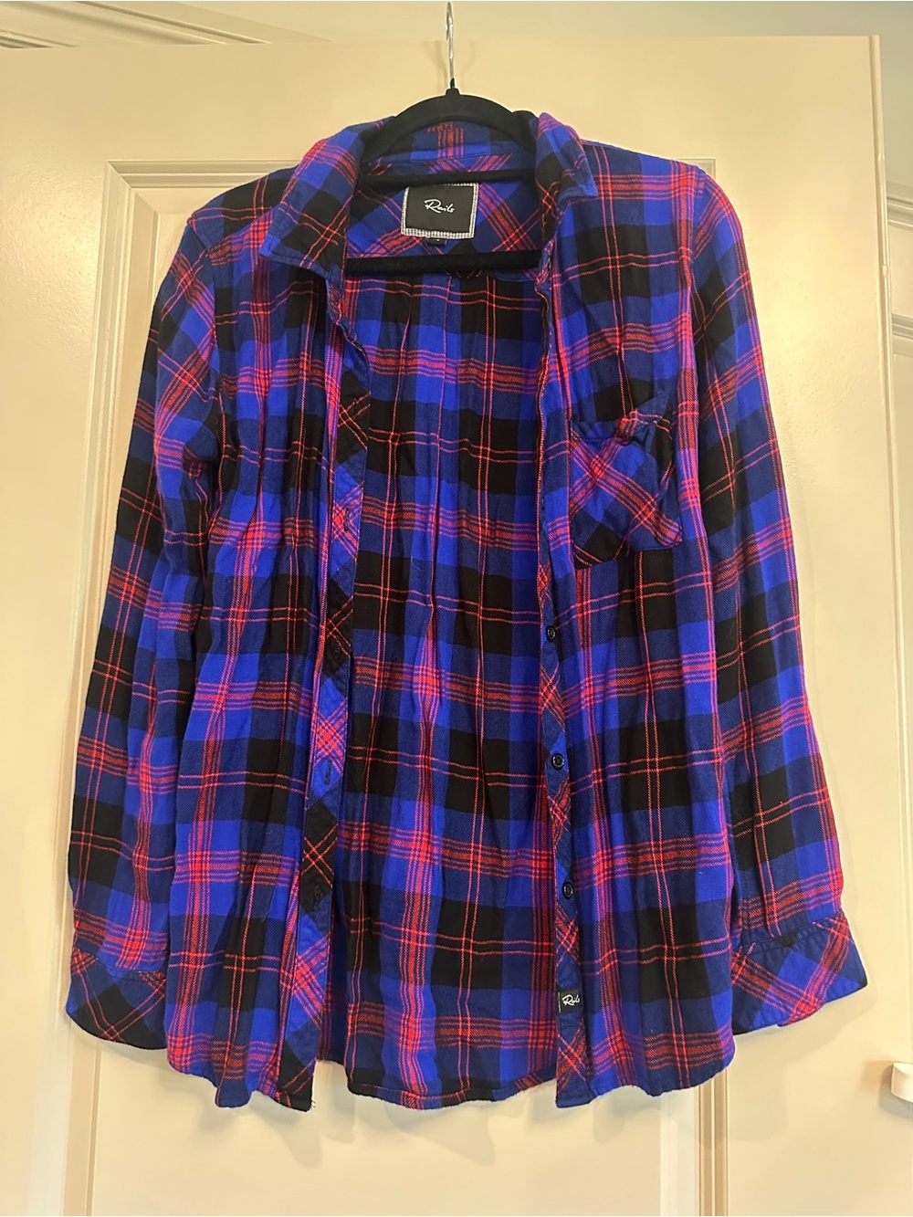 Rails Womens Blue and Black Plaid Shirt with Red Trim